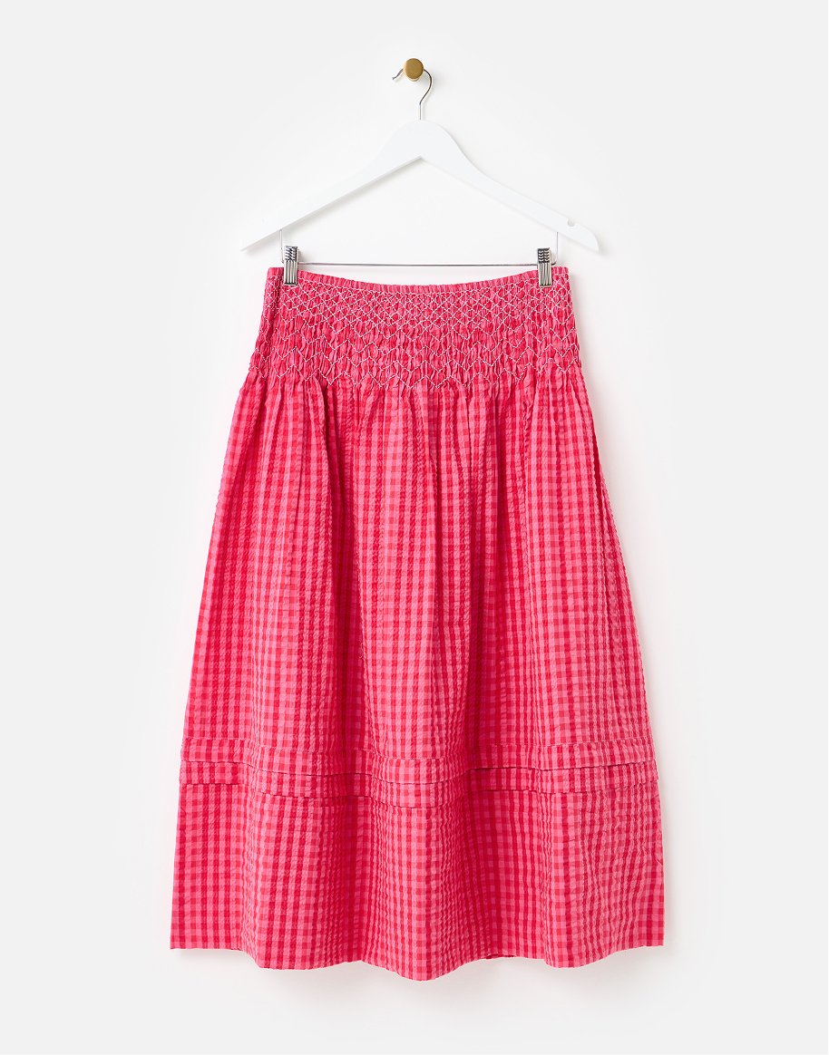Red & Pink Gingham Shirred Waist Midi Skirt